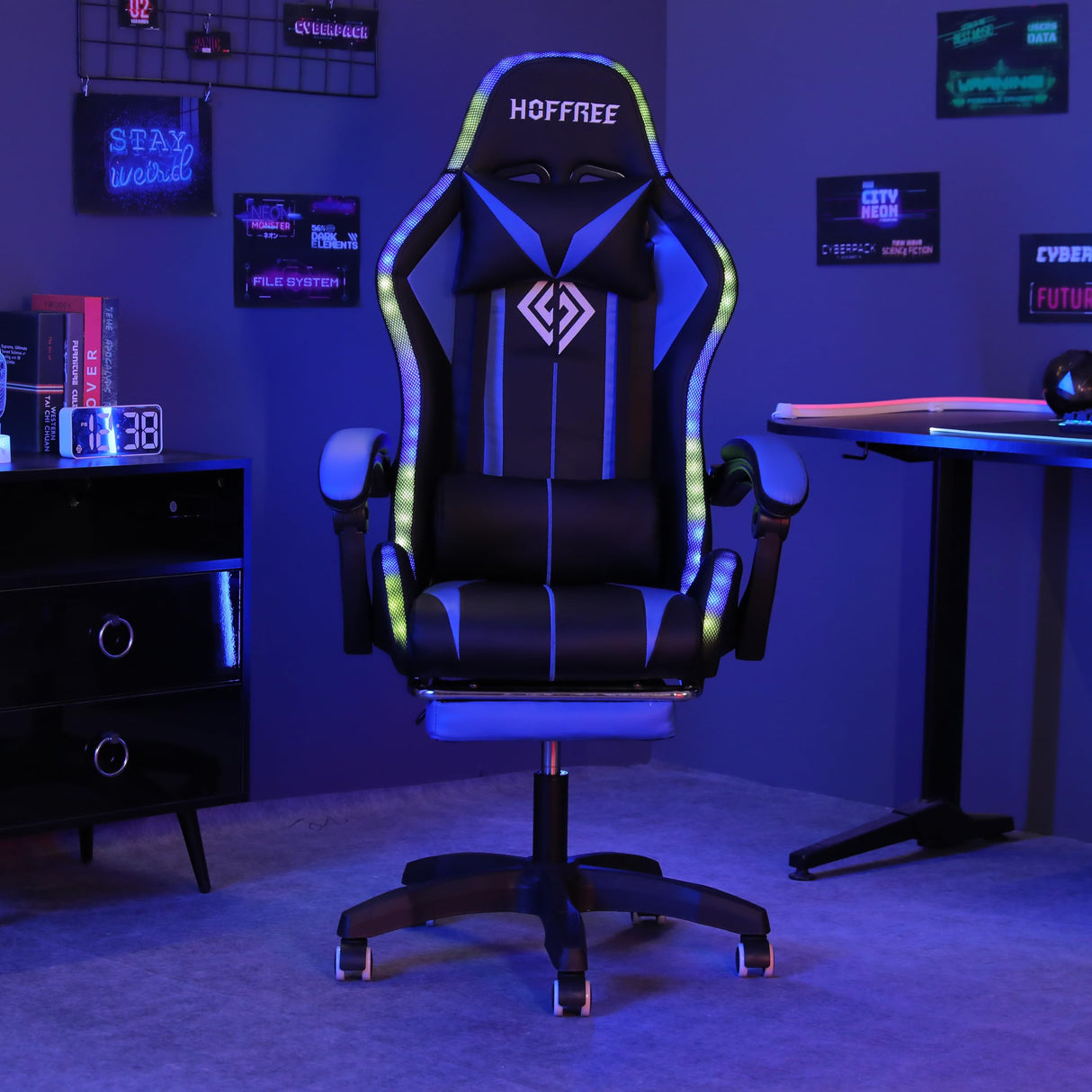 HOFFREE Gaming Chair with LED RGB Lights with Massage and Footrest Ergonomic Computer Chair High Back Video Game Chair with Adjustable Lumbar Support Linkage Armrest Blue and Black HOFFREE