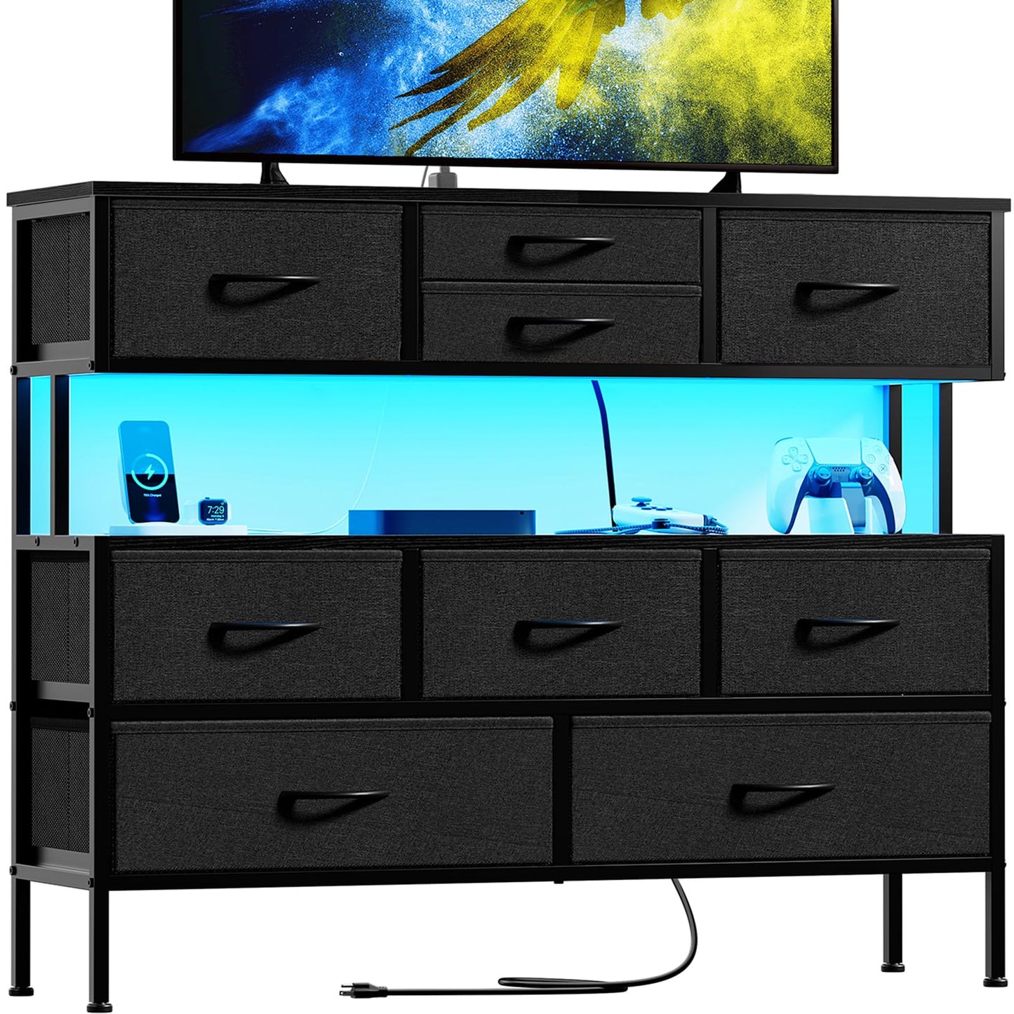 REAHOME Dresser TV Stand with Charging Station and LED Lights, 55” TV Stand with 9 Drawers, Fabric Dresser for Bedroom, Steel Frame, Large Storage Chest of Drawers for Closet, Living Room, Black Gray