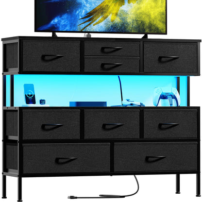 REAHOME Dresser TV Stand with Charging Station and LED Lights, 55” TV Stand with 9 Drawers, Fabric Dresser for Bedroom, Steel Frame, Large Storage Chest of Drawers for Closet, Living Room, Black Gray