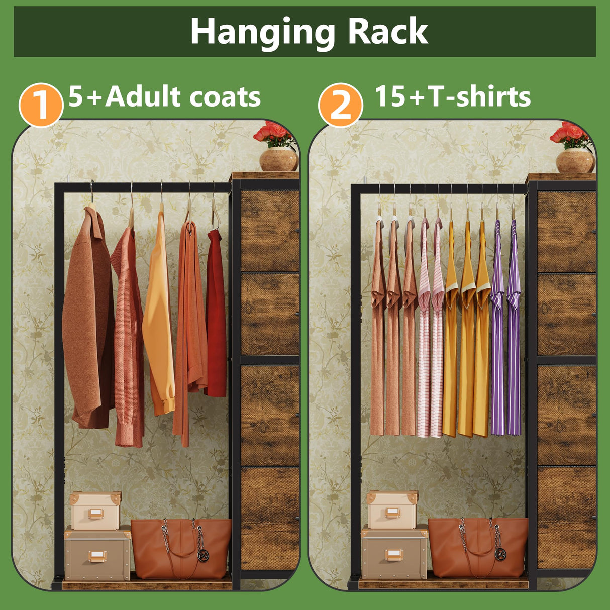 HIGDBFE Dresser with Hanging Rack, 4 Drawers Small Closet for Bedroom, Reversible Fabric Kids Chest of Drawers with Clothes Rack, Tall Storage Tower, Sturdy Frame, Rustic Brown, 44''H HIGDBFE