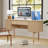 Home Office Oval Desk with Sliding Tambour Door and Drawer, Modern Fluted Wood Executive Computer Storage Desk for Study, Living Room, Bedroom, Office - Natural ORRD