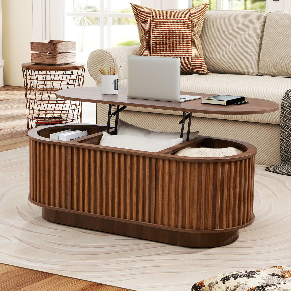 CHILILTDUS Oval Lift Top Coffee Table with Storage, 43.3”Mid Century Modern Center Table with Hidden Compartment, Fluted Wooden Lift Tabletop Dining Tables for Living Room Apartment Home Office,Walnut CHILILTDUS