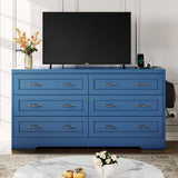 DWVO Farmhouse 6 Drawer Dresser for Bedroom, 31.5 Inch Tall Modern Dresser TV Stand with Large Drawers & Bar Handles, Storage Dressers with Power Outlets, Rustic Wood Chest of Drawers, Blue DWVO