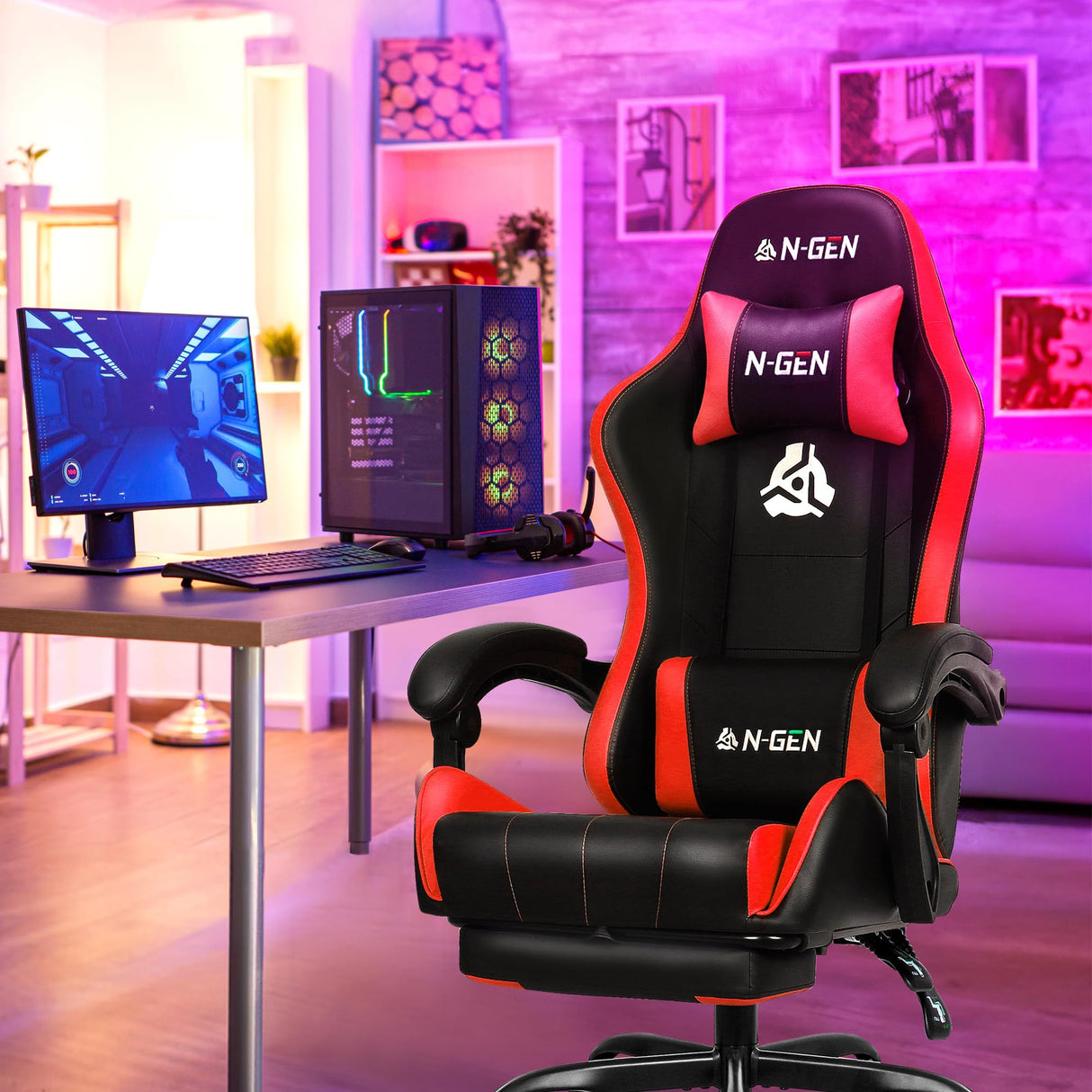 N-GEN GAMING Video Gaming Chair with Footrest High Back Ergonomic Comfortable Office Computer Desk with Lumbar Support Height Adjustable with PU Leather Recliner for Adults Women Men (Red) N-GEN GAMING