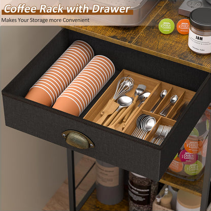 5 Tier Coffee Bar Station with Drawer, Coffee Stand with 4 S-Shaped Hooks, Farmhouse Corner Coffee Bar Cabinet for Small Spaces, Bakers Rack for Kitchen, Living Room, 13.43"D x 18.93"W x 53.31"H