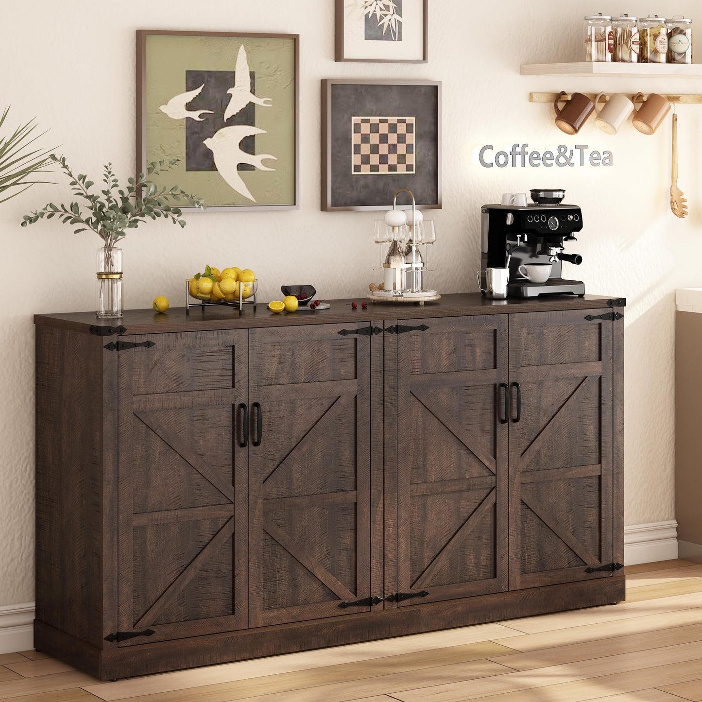 Sideboard Buffet Cabinet with Storage - 65’’ Large Farmhouse Buffet Table Coffee Bar Cabinets, Modern Accent Cabinet with Adjustable Shelf and 4 Doors, for Kitchen, Dining Room, Living Room, Brown