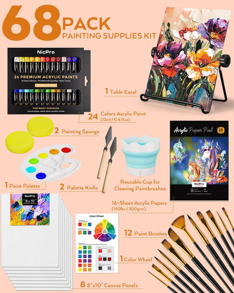 Nicpro 68PCS Acrylic Paint Canvas Set for Adults & Kids, Art Painting Supplies Kit with 24 Paints,Table Easel,8 Canvas Panels,12 Brushes,Paper Pad,Cleaning Cup,Sponge,Palette for Artist Beginner Nicpro