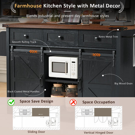 Amposei Farmhouse Kitchen Island on Wheels with Drop Leaf & Power Outlet, 53.7-Inch Rolling Storage Island Cart Breakfast Bar with Drawers, Sliding Barn Door Cabinets, Spice Rack (Black) Amposei