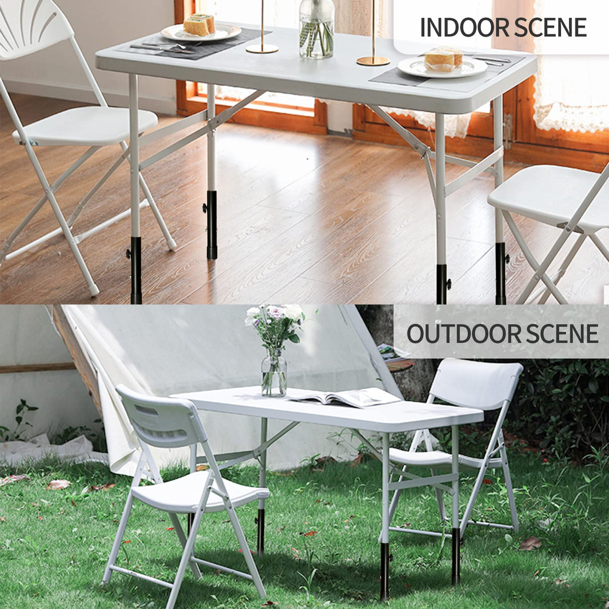 (4-Pack) Folding Table Leg Extenders, Highly Durable Steel Folding Table Leg Risers, Table Leg Extensions for Straight and Bent Legs, Adjustable Table Height Extenders for Rise 3.6in/5.2in Laowu