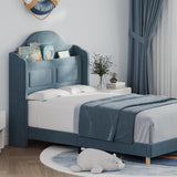 GarveeHome Upholstered Twin Bed Frame with LED Lights, Velvet Platform Bed Frame with Wing Back Storage Headboard, Wood Slats Support, No Box Spring Needed, Easy Assembly, Blue GarveeHome