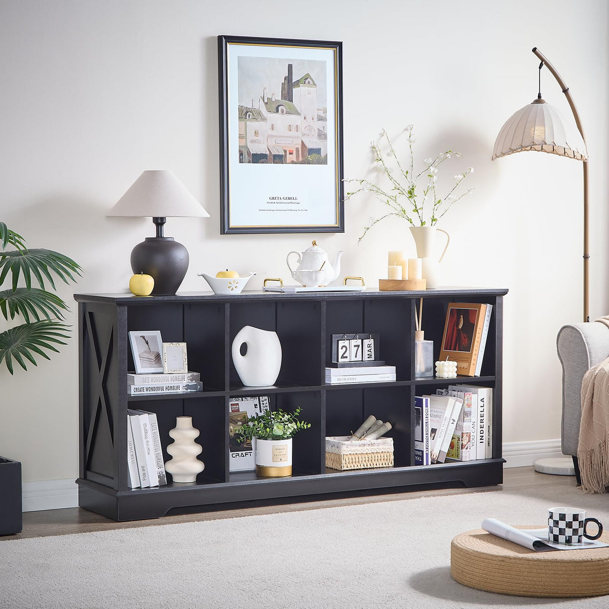 Book Shelf, 8 Cubes Farmhouse Wood Long Storage Organizer Bookcase, 3-Tier Open Shelf Wooden Bookcase, Cube Organizer with Storage, Display Cabinet Organizer for Bedroom, Home and Office, Black NONGSHIM