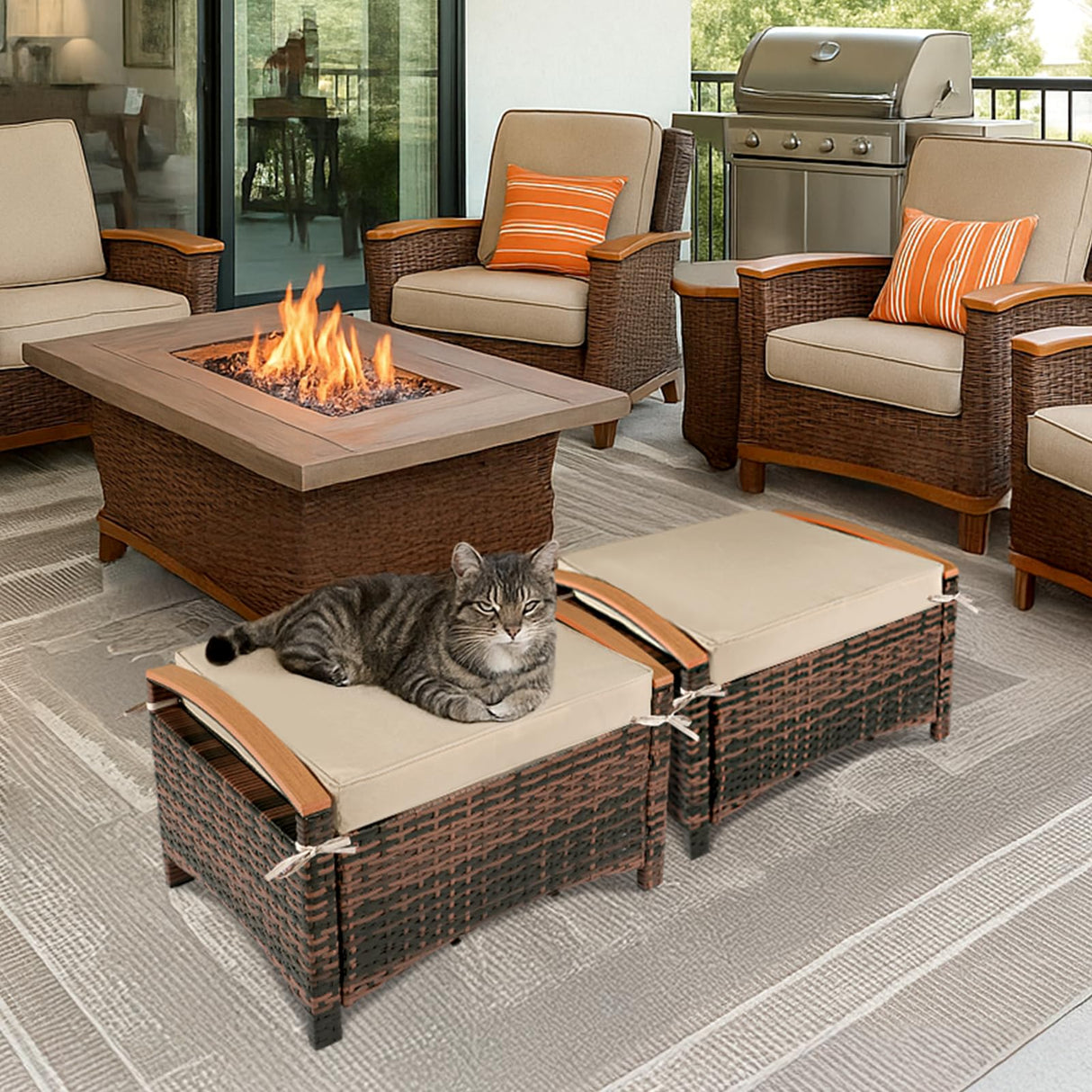 VINGLI Wicker Outdoor Ottoman Set of 2, All Weather PE Rattan Footstool for Patio w/Removable Cushions, Waterproof Rattan Foot Rest for Garden, Balcony, Poolside (Brown) VINGLI