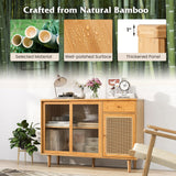 LOKO Buffet Cabinet, Modern Bamboo Sideboard with Tempered Glass Sliding Doors, Rattan Door Home Bar, Boho Coffee Bar Cabinet for Living Room Hallway LOKO