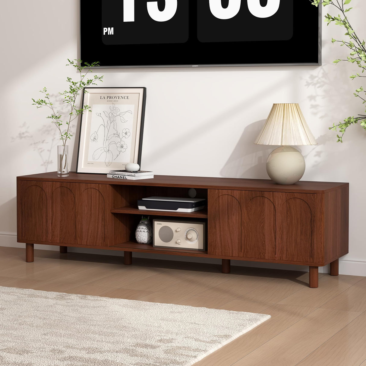 TV Stand for TVs up to 70'', Entertainment Center with Large Storage for Living Room, Media Console with Sliding Doors and Adjustable Shelves, Modern TV Cabinet for Game Consoles and Decor(Walnut) PHOYAL