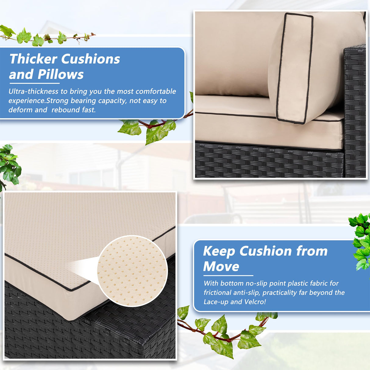 Shintenchi 5 Pieces Outdoor Patio Sectional Sofa Couch, Black PE Wicker Furniture Sets, Patio Conversation Sets with Washable Cushions Glass Coffee Table for Garden, Poolside, Backyard,(Khaki) Shintenchi