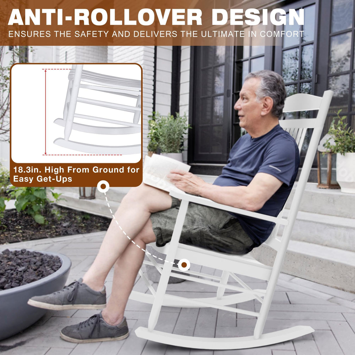 MUPATER Outdoor Rocking Chair Set 3-Piece Patio Wooden Rocker Bistro Set with Foldable Table and Curved Seat, White MUPATER