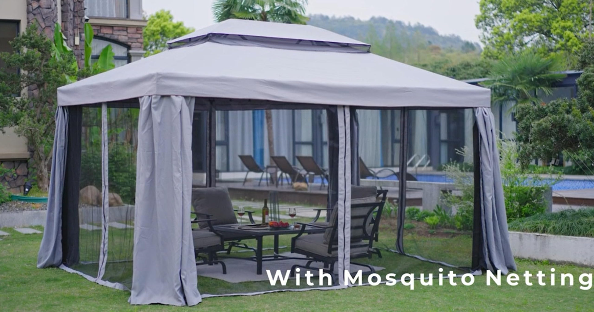 Yangming Gazebo 10X13 ft Outdoor Gazebos Clearance with Outside Mosquito Netting and Curtains for Patio Deck Backyard Garden, Gray - WoodArtSupply