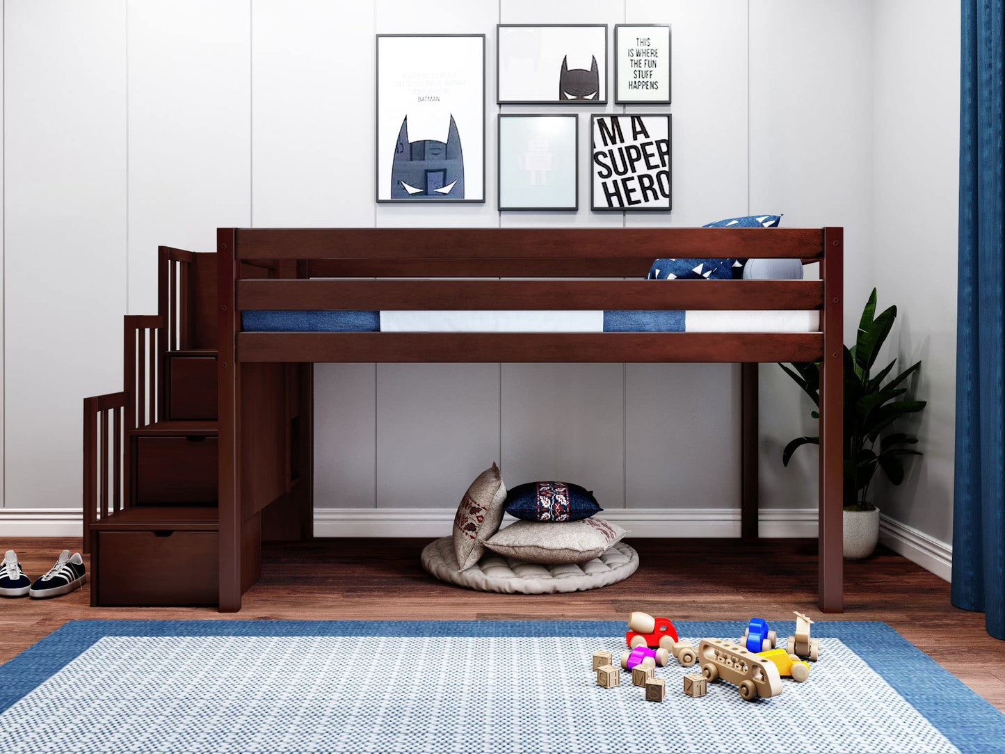 Contemporary Cherry Low Loft Twin Bed with 3 Drawer Stairway - WoodArtSupply