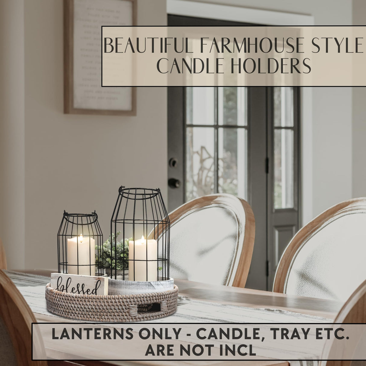 Rustic Farmhouse Lantern Decor Set of 2 - Stylish Decorative Lanterns for Your Living Room, Fireplace Mantle or Kitchen Dining Table - Modern Upscale Beauty for Your Entire Home KIBAGA