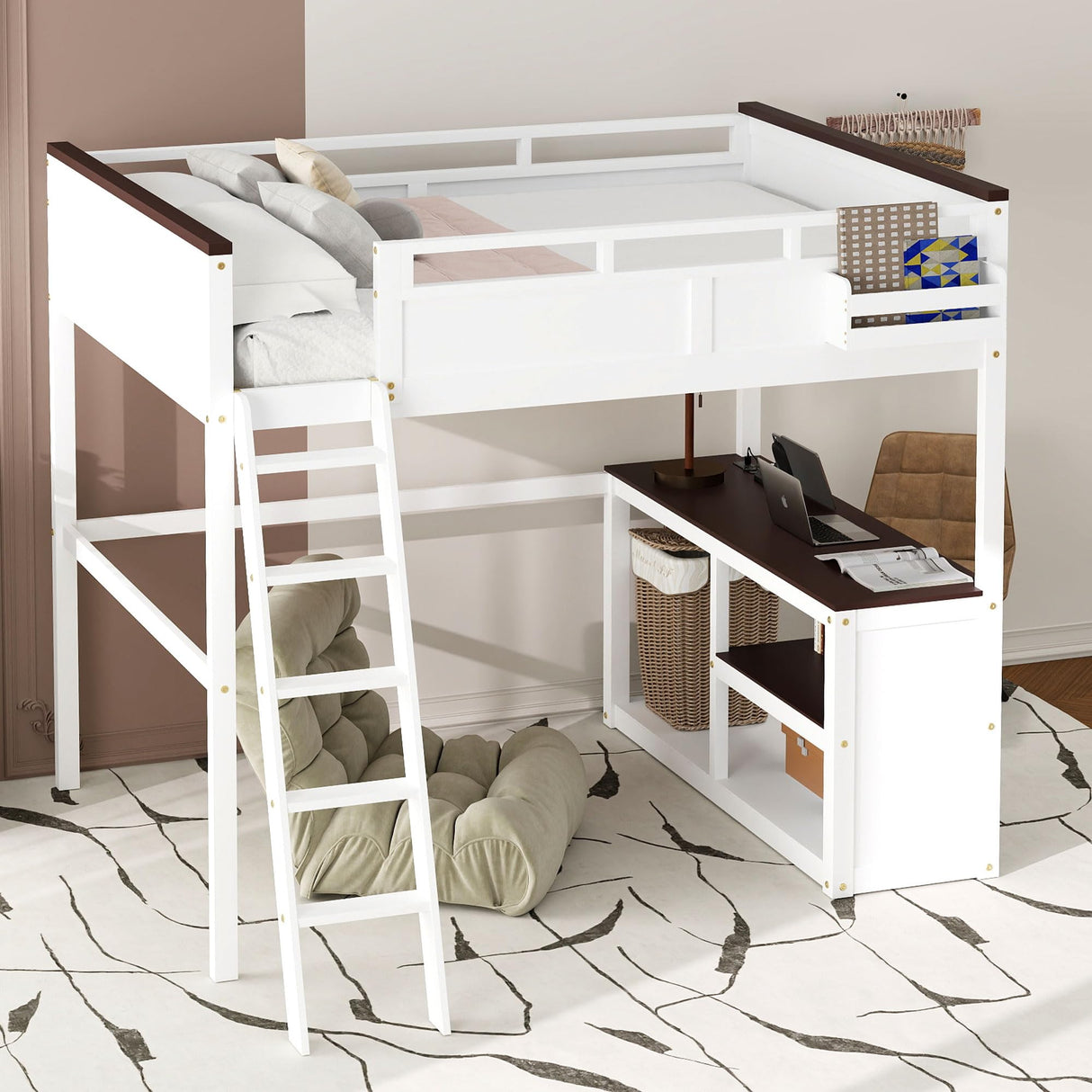 Loft Bed Queen Size, Queen Loft Bed with Desk, Open Shelf and A Storage Box for Teens, Adults & Small Bedrooms, White Bellemave