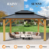 GARTOO 11’x13’ Outdoor Wooden Gazebo - Patio Galvanized Steel Gazebo with Double Vented Roof, Heavy-Duty Cedar Wooden Gazebo for Garden, Lawn, Poolside, Backyard Deck GARTOO