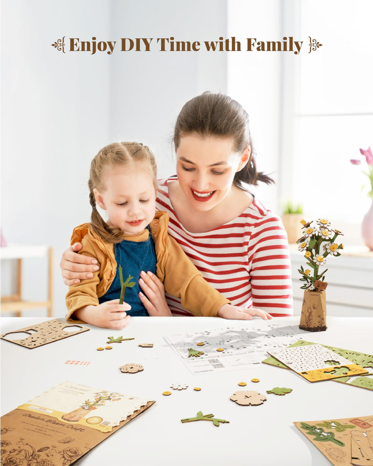 rowood 3D Puzzle Wooden Flower,DIY Flower Building Block Set Craft Kit for Kids,Mother's Day/Valentine's Day/Teacher's Day/Thanksgiving/Christmas/Birthday Gift for Mom/Grandma-Chamomile rowood