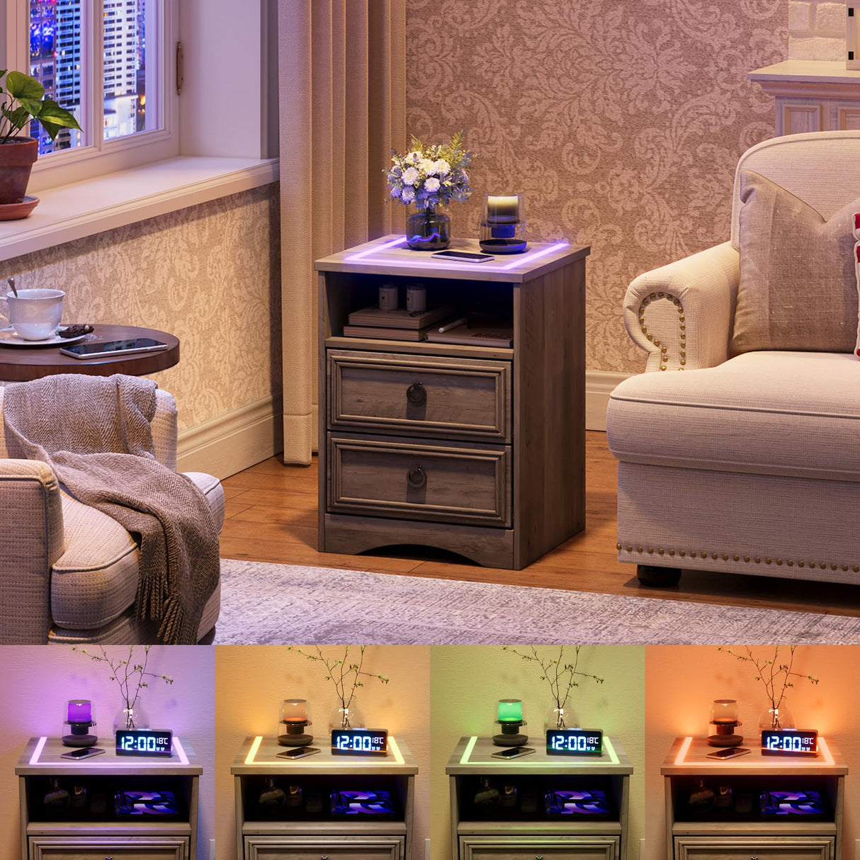 Nightstand with Strip Lights Set of 2, Night Stand with Drawers, Accent Bed Side Table and End Table with Open Storage for Bedroom, Living Room,Gray LGHM