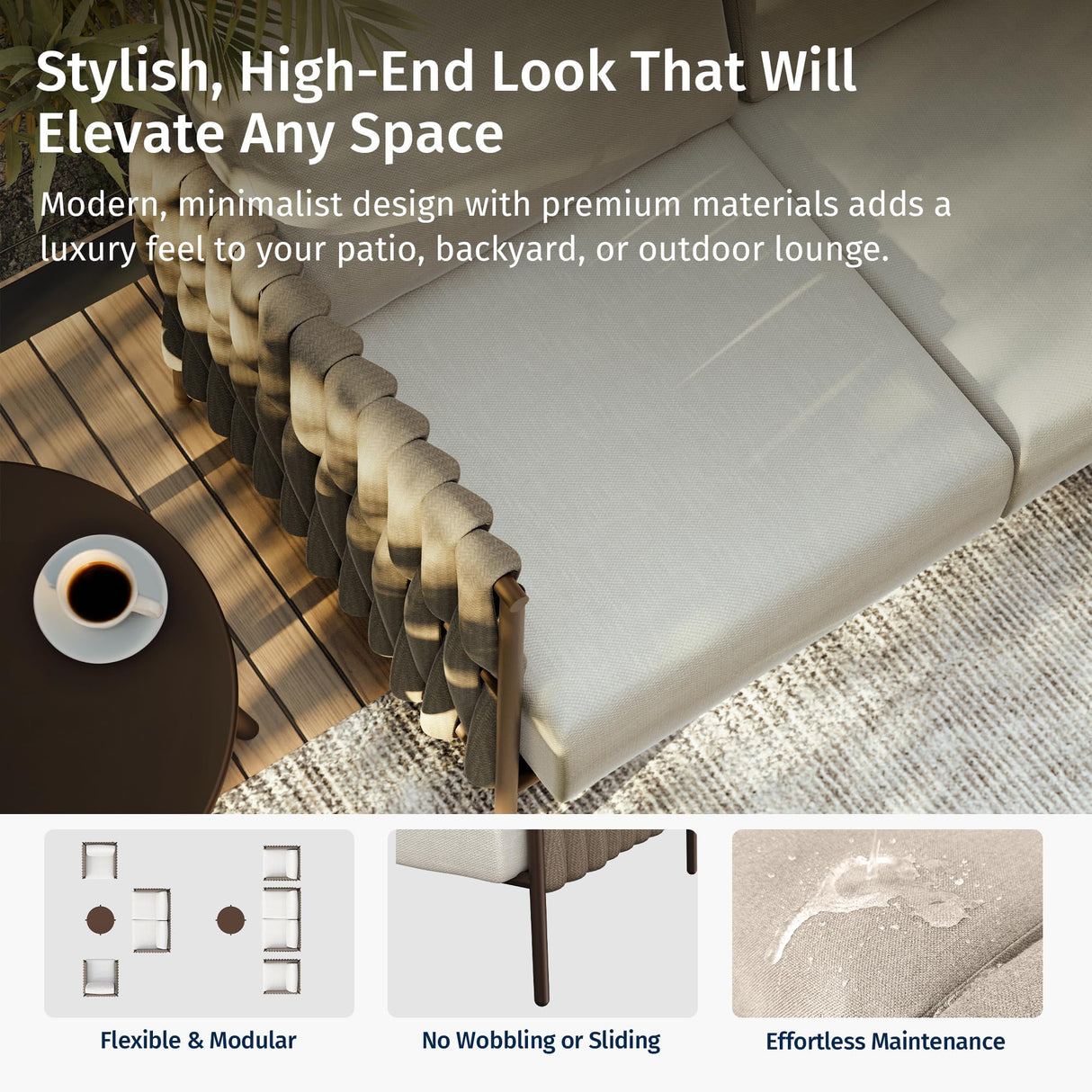 EAST OAK 3-Piece Patio Furniture Set | Armchairs & Coffee Table | Outdoor Furniture with Cushions | Deep Seating Modern Conversation Set | Garden, Porch, Balcony & Backyard | Chestnut & Apricot EAST OAK