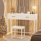 Girapow Vanity Desk with Power Outlets and Lights, 36'' Makeup Vanity with Tri Fold Lighted Mirror, White Vanity Set with Drawers, Vanity Table with Cushion Stool, Small Makeup Table for Bedroom,White Girapow