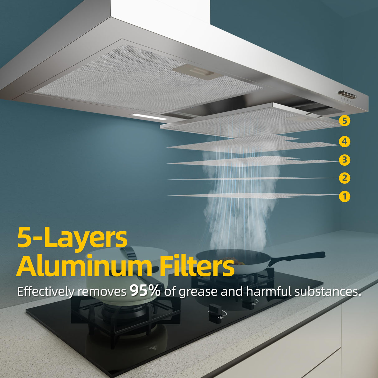 FIREGAS Range Hood 30 inch Wall Mount with Ducted/Ductless Convertible, 450 CFM Stainless Steel Chimney-Style Kitchen Hood, Over Stove Vent Hood with 3 Speed Fan, LED Light, Charcoal Filters FIREGAS