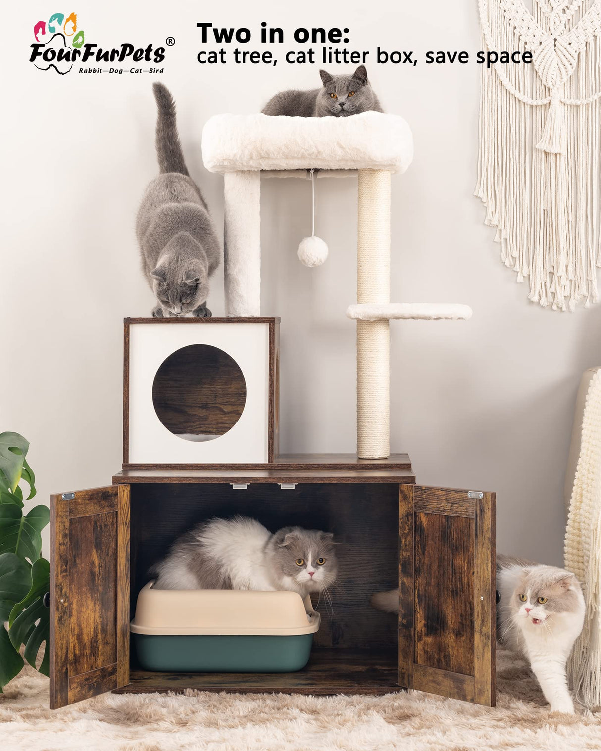 FourFurPets Multipurpose Litter Box Enclosure, Cat Tree and Condo, Side Table, with Large Platform, Cat House, Full Sisal Posts, Removable Washable Cushion, Rustic Brown FourFurPets