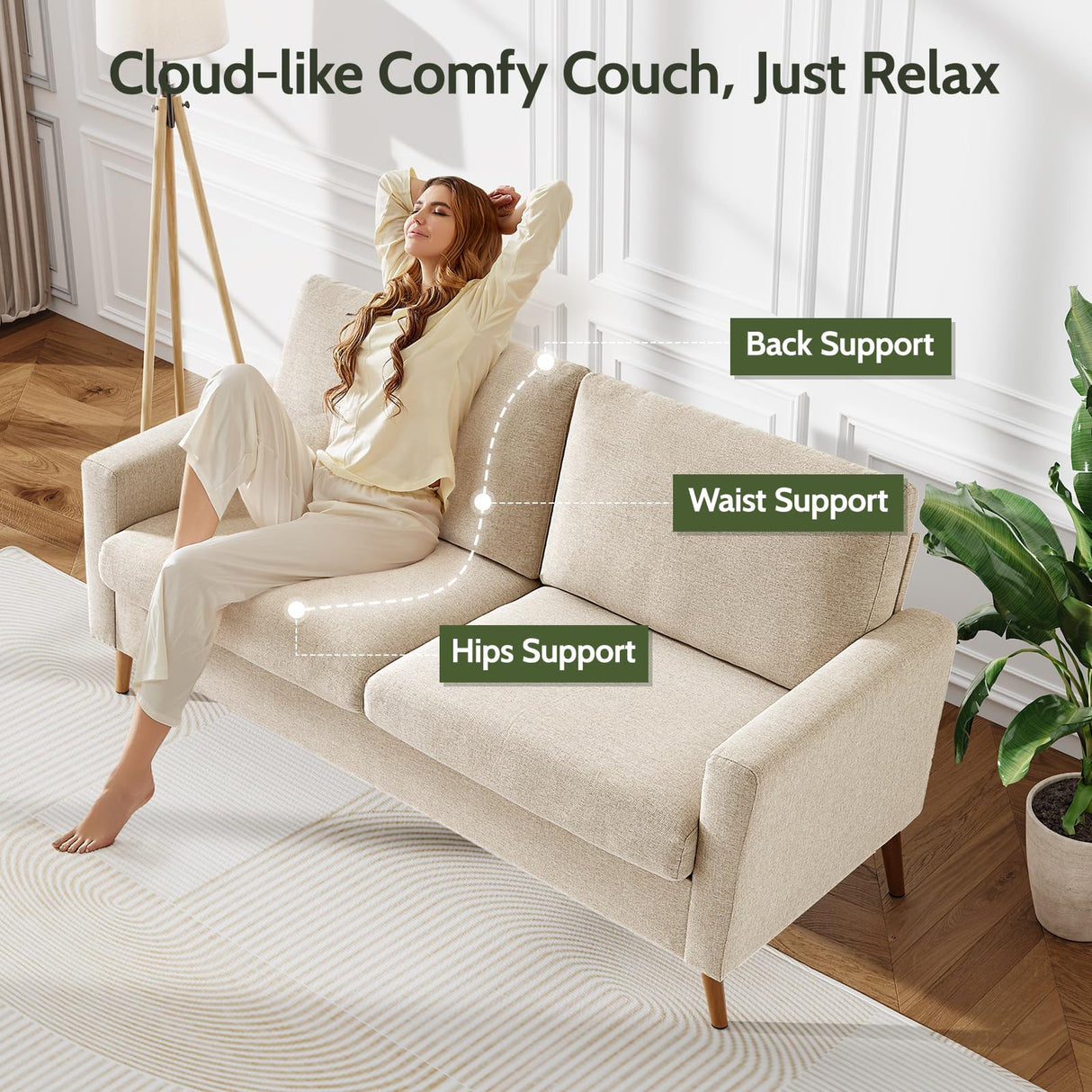 WEUP 68" Loveseat Sofa Oatmeal Linen Couch, Mid Century Modern Love Seat Couches for Living Room, Small Loveseat for Bedroom Office, Comfy Sofa with Spring Cushion, Solid Wood, Tool-Free Assembly WEUP