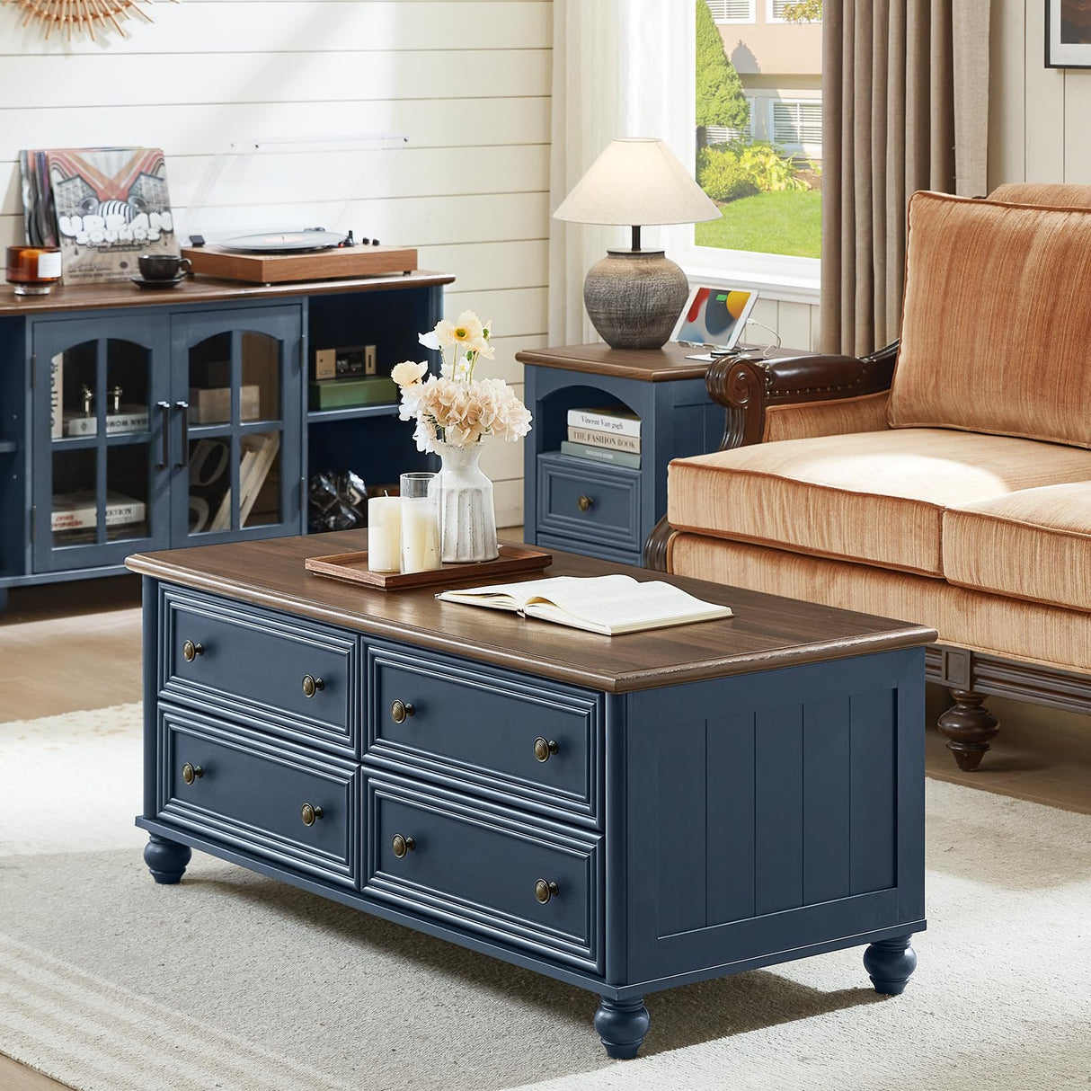 RWYHG 48" Farmhouse Coffee Table with Hidden Storage,Wooden Coffee Tables with 4 Drawers & Roman Column Handle,Rectangular Rustic Center Table with Solid Wood Curved Legs for Living Room,Office,Blue RWYHG