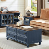 RWYHG 48" Farmhouse Coffee Table with Hidden Storage,Wooden Coffee Tables with 4 Drawers & Roman Column Handle,Rectangular Rustic Center Table with Solid Wood Curved Legs for Living Room,Office,Blue RWYHG