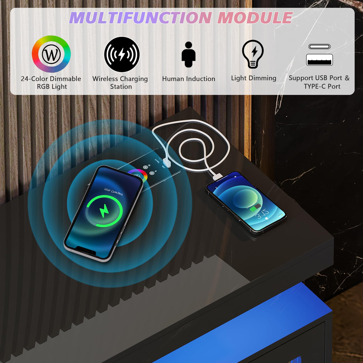 MDGC 24-Color RGB TV Stand, Auto Sensor LED Entertainment Center with Wireless Charging Station, Media TV Console Table with Large Storage Cabinet (Black) MDGC