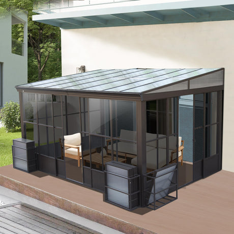 Domi 10x14FT Wall Mounted Sunroom, Wall Solarium with Aluminum PC Sloping Roof, Detachable PC Screen House, Lockable Sliding Front and Side Doors, Outdoor Lean-to Gazebo, Sun Room for Deck Patio domi outdoor living