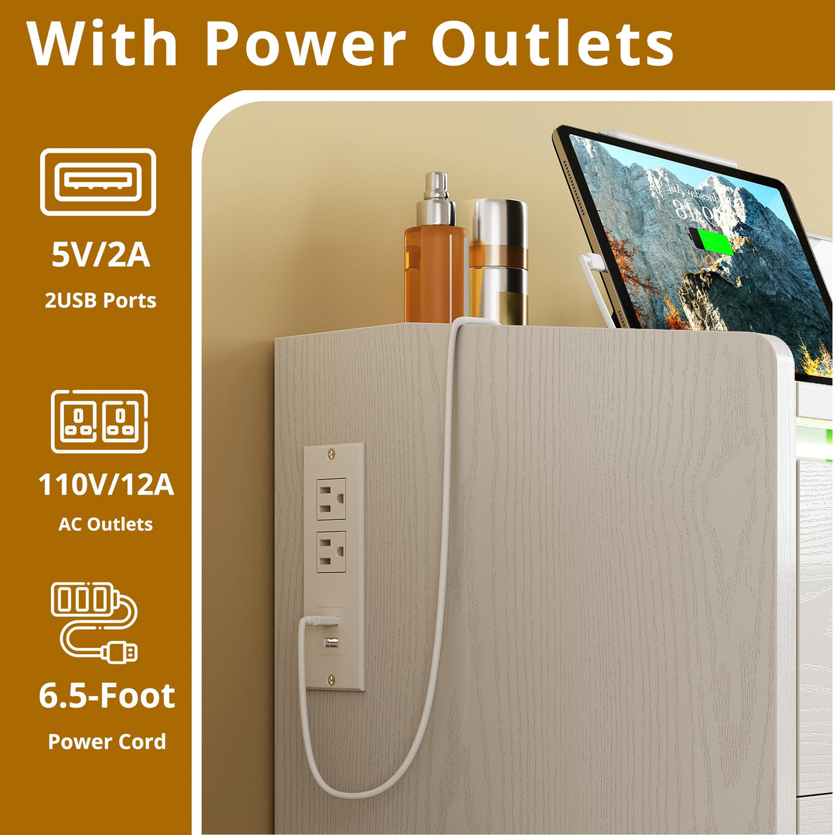 IRONCK Dresser for Bedroom with LED Light and Charging Station, Large Dressers & Chests of Drawers with 6 Wooden Drawers, Storage Organizer Dresser for Hallway, Bedroom, White IRONCK