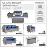 WAROOM Patio Furniture Set 5 Piece Grey Wicker Outdoor Furniture with Fire Pit Table, Patio Sectional Sofa Couch Sets Backyard Deep Seating PE Rattan Chairs, Navy Blue Cushion WAROOM