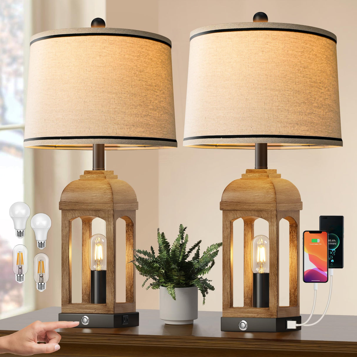 QiMH Table Lamp for Living Room, Farmhouse Lamps Set of 2 with USB A+C and Nightlight, 26" Rustic Bedside Lamps with 3-Way Dimmable Touch Control, Nightstand Lamp for Bedroom Decor, Wood Grain QiMH
