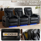 Luxury Home Theater Seating – Power Recliner with Adjustable Headrests, Blue LED Ambient Lighting, Tray Table, USB & Type-C Charging (4 Seat) CALIVIA