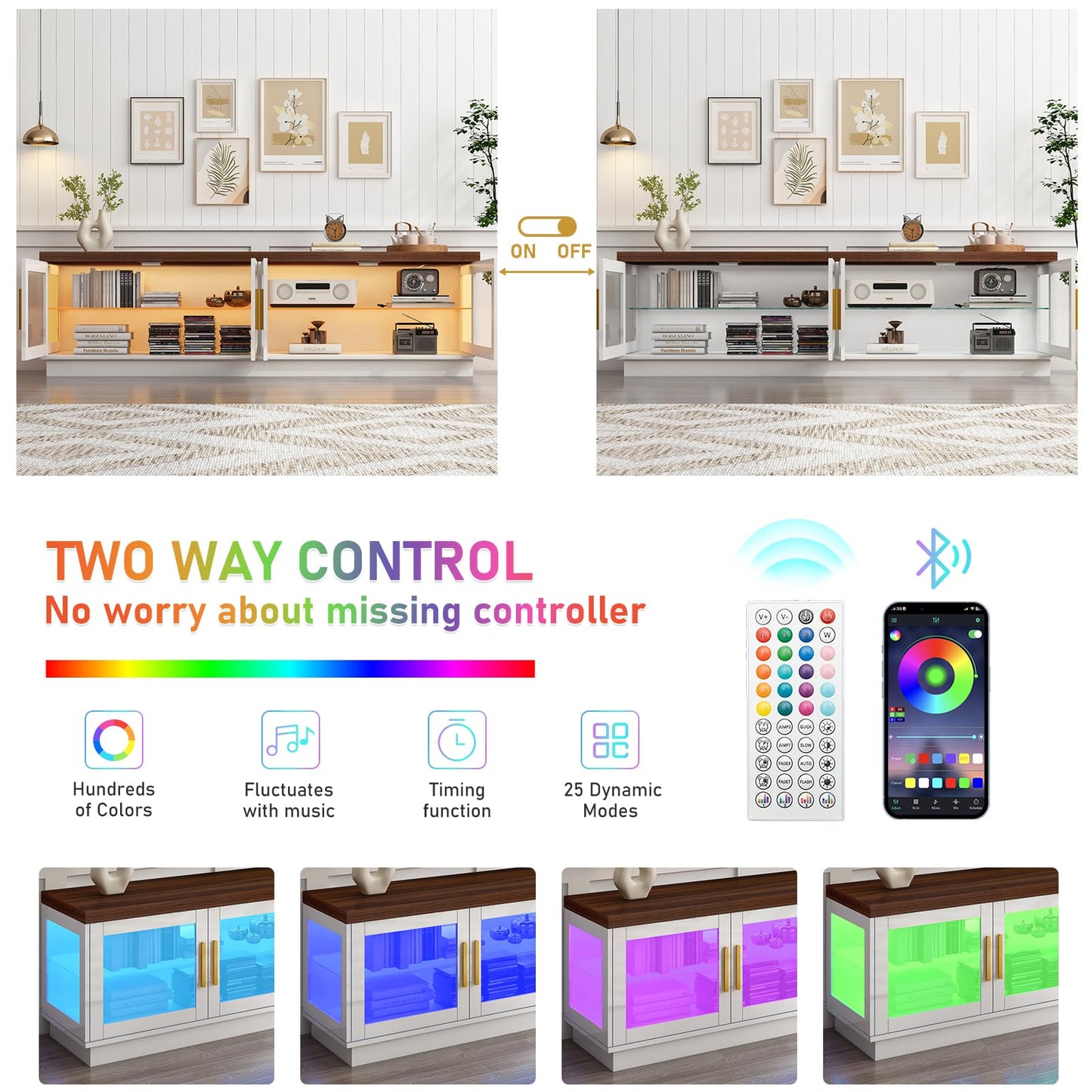 Hlivelood 70IN LED TV Stand for 85/80/75inch TV,High Glossy Modern TV Stand for Living Room,Wooden Farmhouse TV Stand,TV Entertainment Center with Storage Cabinet,TV Console,RGB LED(White)