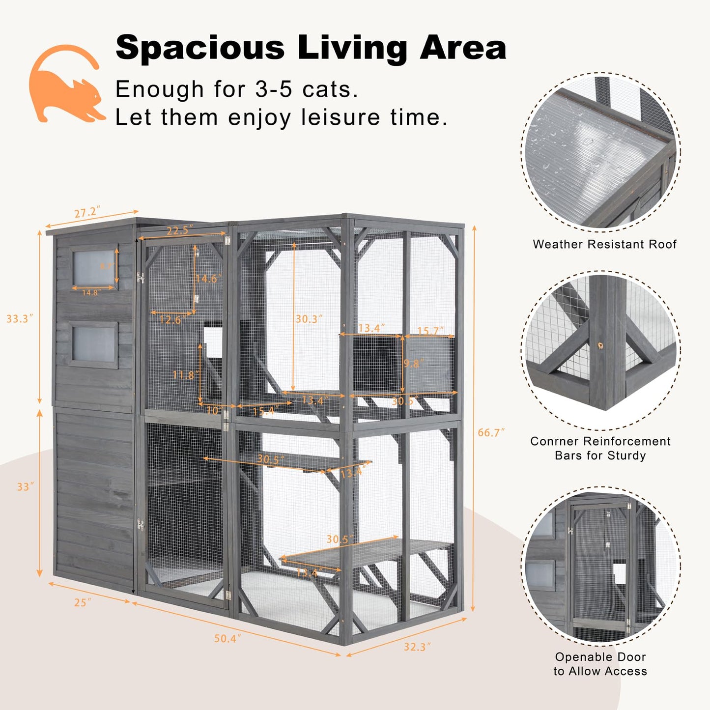 MDEAM Large Cat Catio Outdoor Weatherproof Cat Enclosure with Resting Boxes,Platforms,Windows,70" H*32" W*77" L,Grey - WoodArtSupply