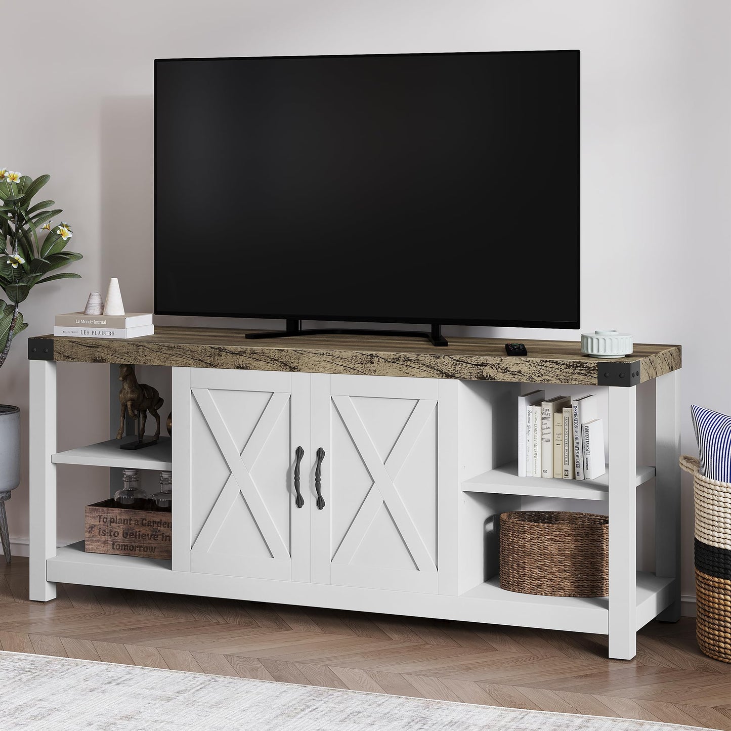 IDEALHOUSE Farmhouse TV Stand for 65/60/55 Inches, Mid Century Modern Entertainment Center with Storage Cabinets and Open Shelves, Wood TV Table Media Console for Living Room, Bedroom (White) - WoodArtSupply