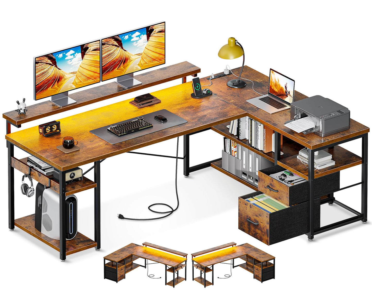 ODK L Shaped Gaming Desk with File Drawers, Reversible Computer Desk with Power Outlets & LED Lights, Home Office Desk with Storage Shelves, 61 Inch Bedroom Corner Desk with Monitor Stand, Vintage