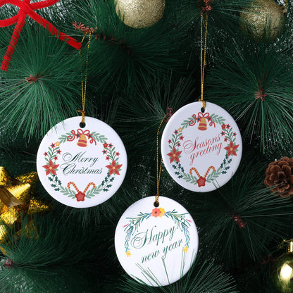 WILLBOND 10 Pieces Christmas Sublimation Ceramic Ornament Blank Ceramic Hanging Disc Ornament Porcelain Round Decoration Personalized Christmas Tree Sublimation Pendant for DIY Holiday Decor, 3 Inch