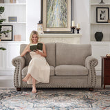 ONBRILL Nailhead Sofa, 66 Inch Small Couch with Rolled Arms, Chenille Fabric Loveseat w/Springs Seat Cushion, Vintage Curved Back, Turned Wood Legs, Comfy Couch for Living Room, Farmhouse, Beige ONBRILL