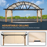 HAPPATIO 10' X 13' Outdoor Pergola with Sling Retractable Canopy and Woodgrain Aluminum Frame, Arched Pergola for Patio, Deck, Backyard, Garden HAPPATIO
