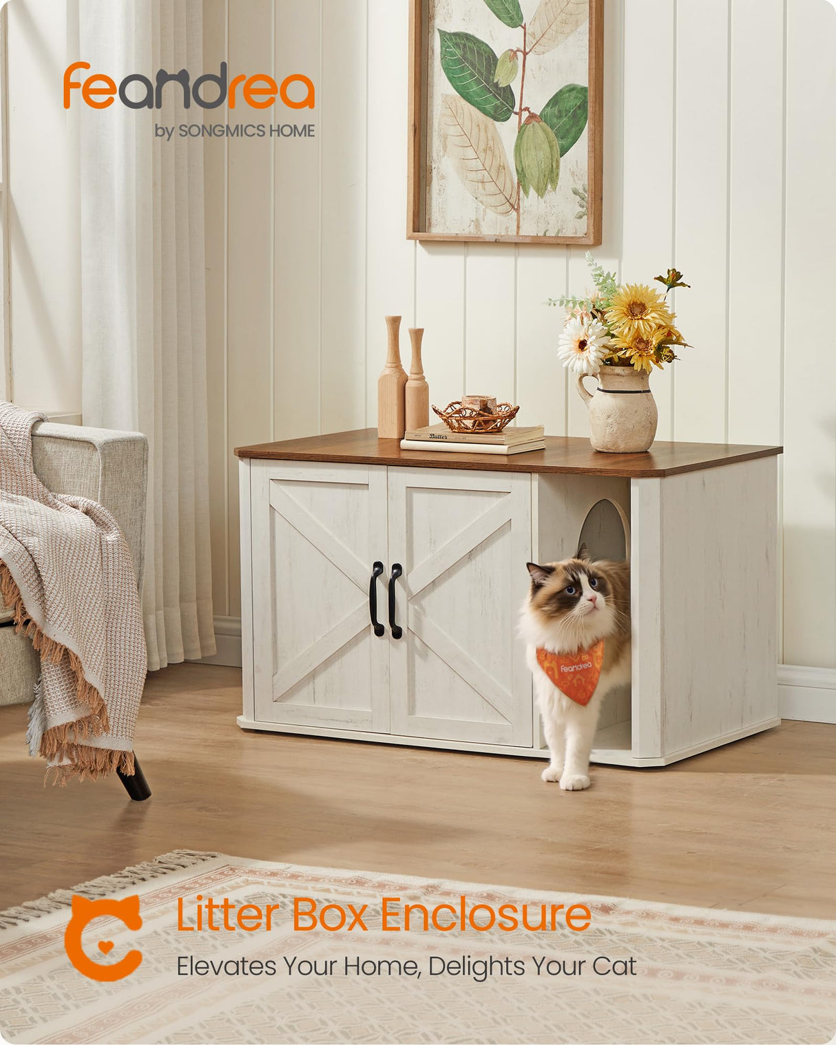 Feandrea Litter Box Enclosure, Modern Cat Litter Box Furniture Hidden, Front Entry, Double Doors, Handles, Cat House, Side End Table, 33.5 x 19 x 19.5 Inches, Honey Brown and Rustic White UPCL012K01 Feandrea