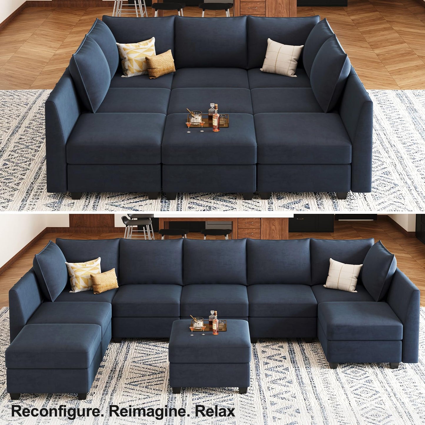 Belffin Large Modular Sectional Sofa Sleeper Sectional Couch with Storage Velvet Sectional Sofa Bed for Living Room, 9 Seats, Blue