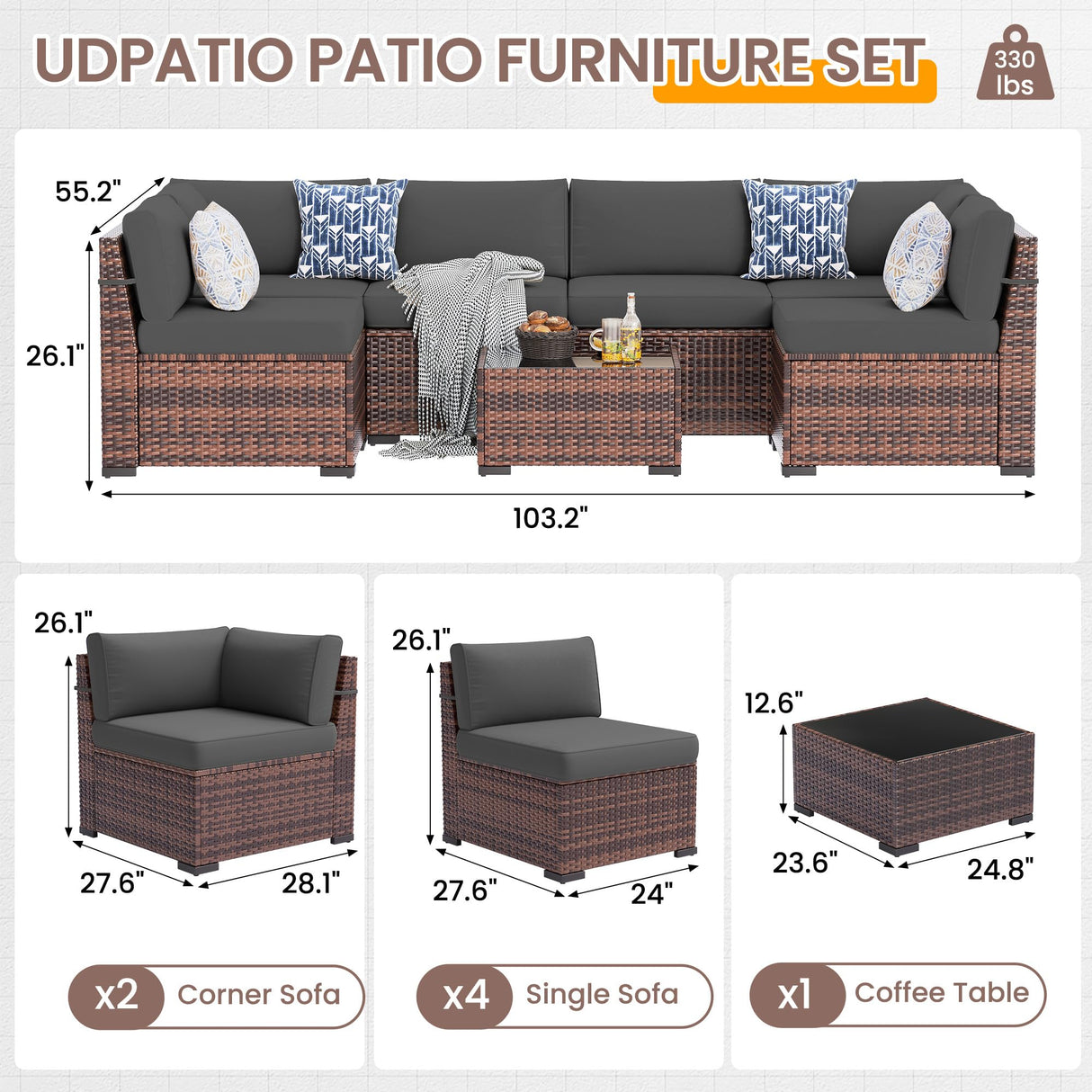 UDPATIO Patio Furniture Set, Modular Outdoor Sectional with 105°Slanted Back, 7 Pieces Rattan Conversation Set for Poolside, Backyard, Deck, with Coffee Table, Waterproof Cover,Grey UDPATIO
